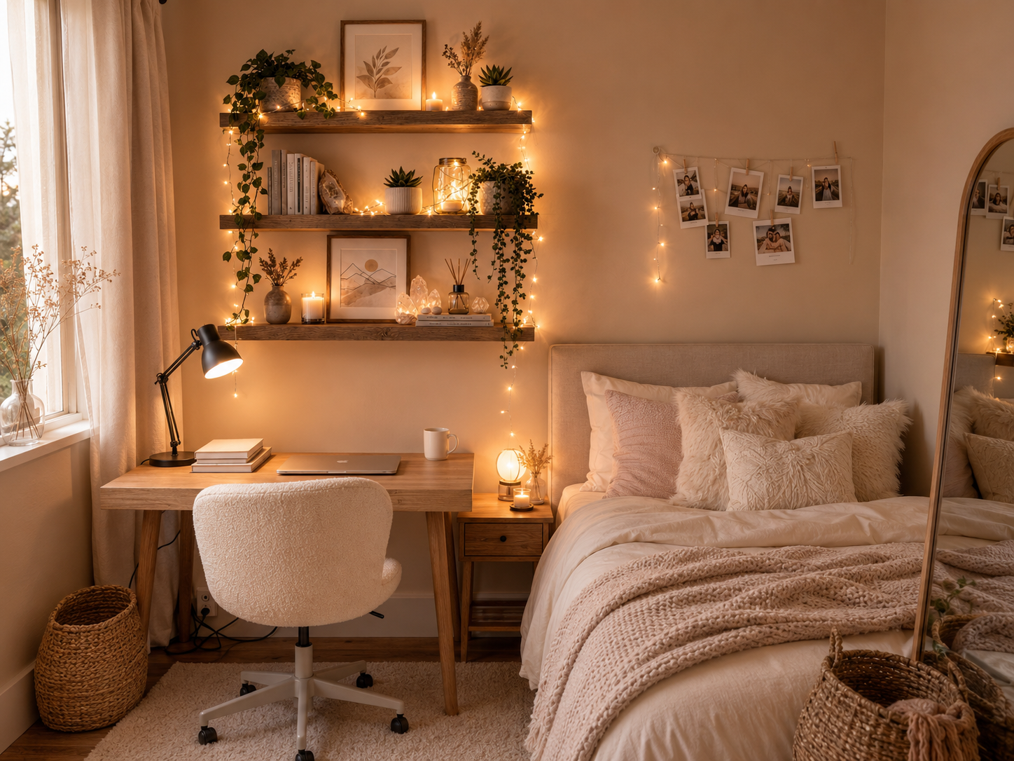The Complete Shelf Set styled with plants, prints and warm fairy lights